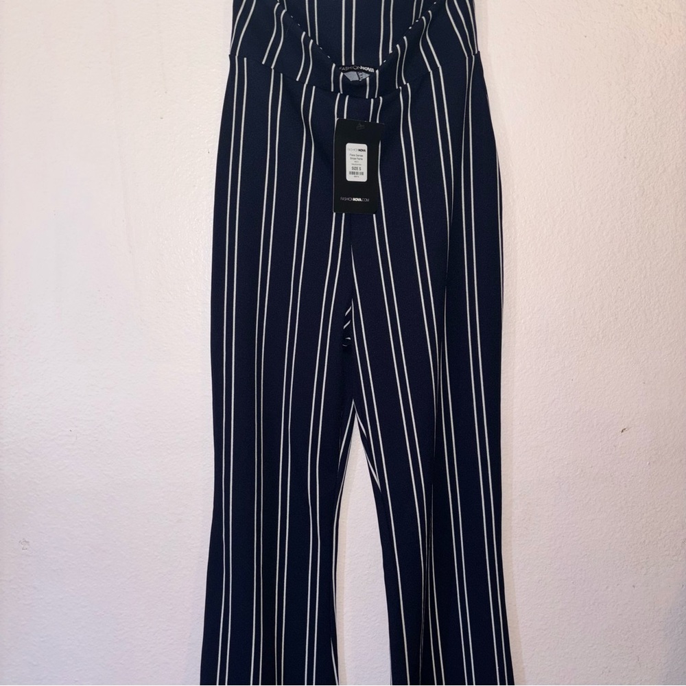 Fashion Nova Navy Blue and White Striped Flared bottom Pants, Size S NWT